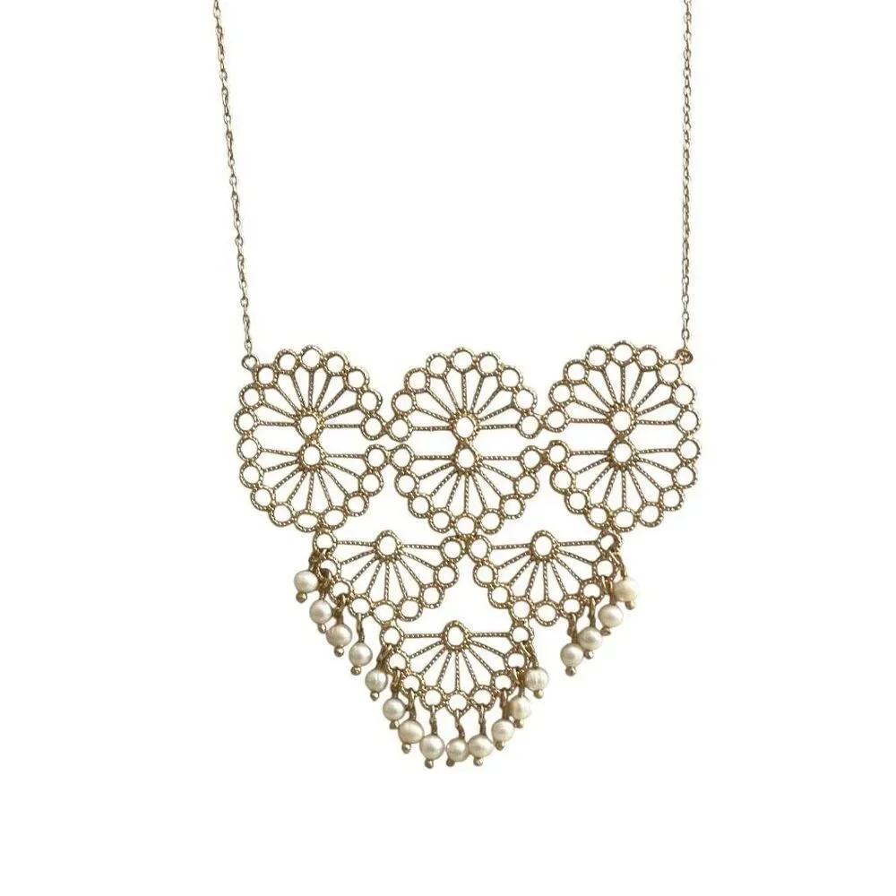 Lace Bib Necklace Floral Statement Necklace with Pearl Accents